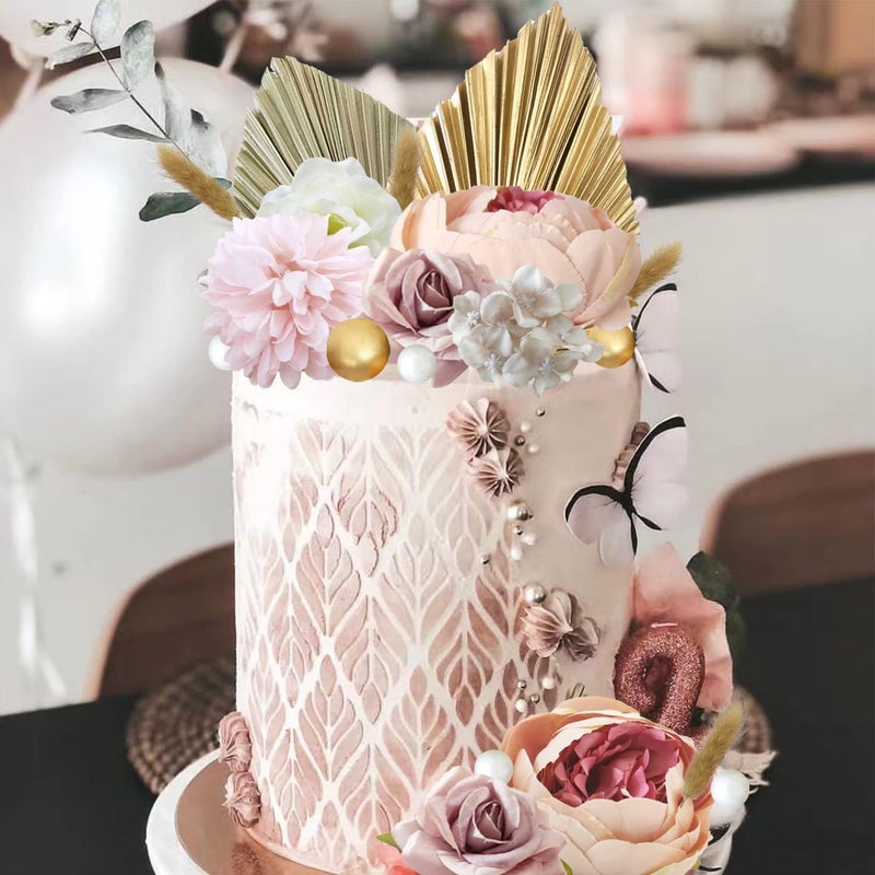 LEFUBABY 32 PCS Boho Cake Topper Flower Palm Leaves Cake Decorations for Bohemian Wedding Baby Shower Birthday Party Supplies Mother's Day (Boho) - Image 3